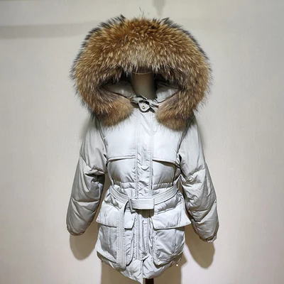 bean green Natural ) White Down Coat Winter Woman Fashion New Hooded Fur Collar Warm Thicken Cotton Clothing Casual Parkas Belt Overcoat f1401 - Цвет: bean green Natural )