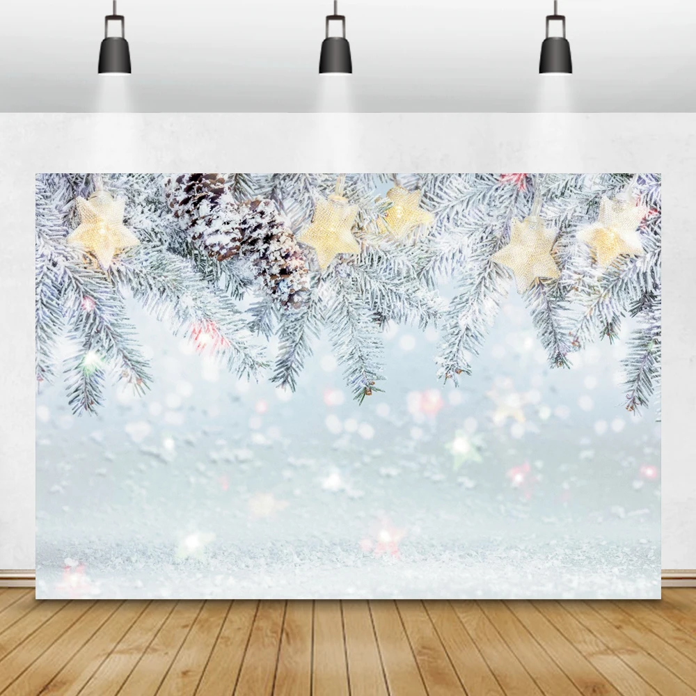 

Laeacco Christmas Backdrops Pine Branches Cones Star Light Bokeh Snow Photography Backgrounds Winter Photophone For Photo Studio