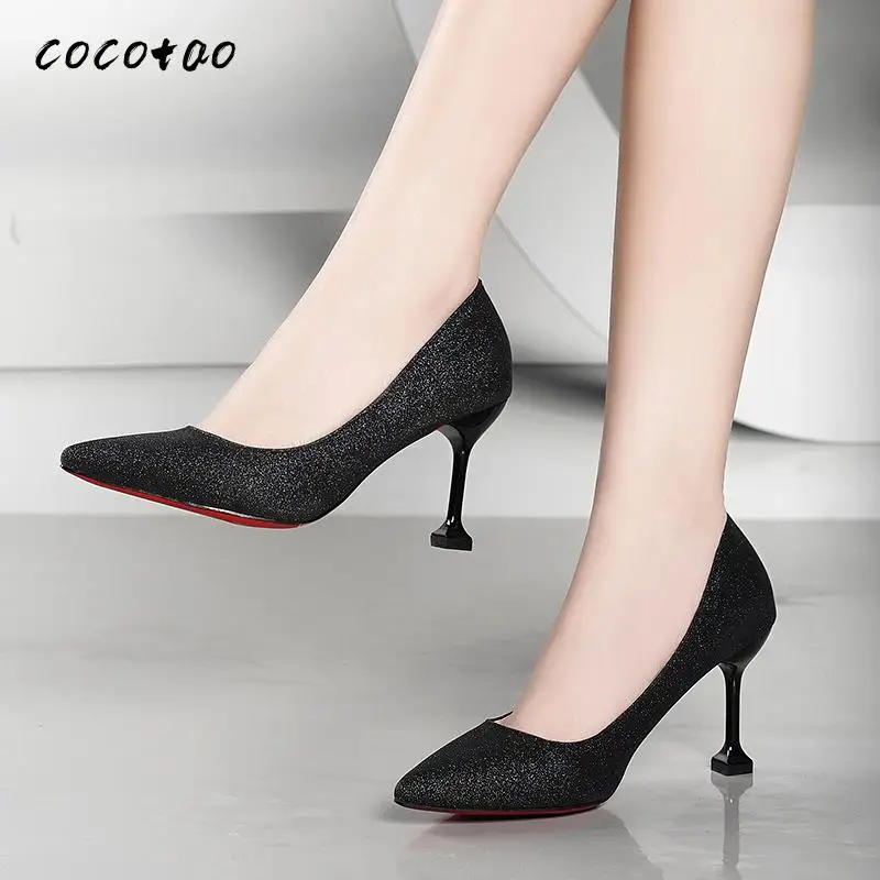 Весна-Осень 2020 новые женские туфли на высоком тонком каблуке серебристого цвета