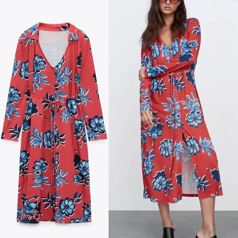 

Женское винтажное платье-миди на пуговицах Za, красное платье с цветочным принтом, длинным рукавом и поясом, элегантное офисное платье, 2021