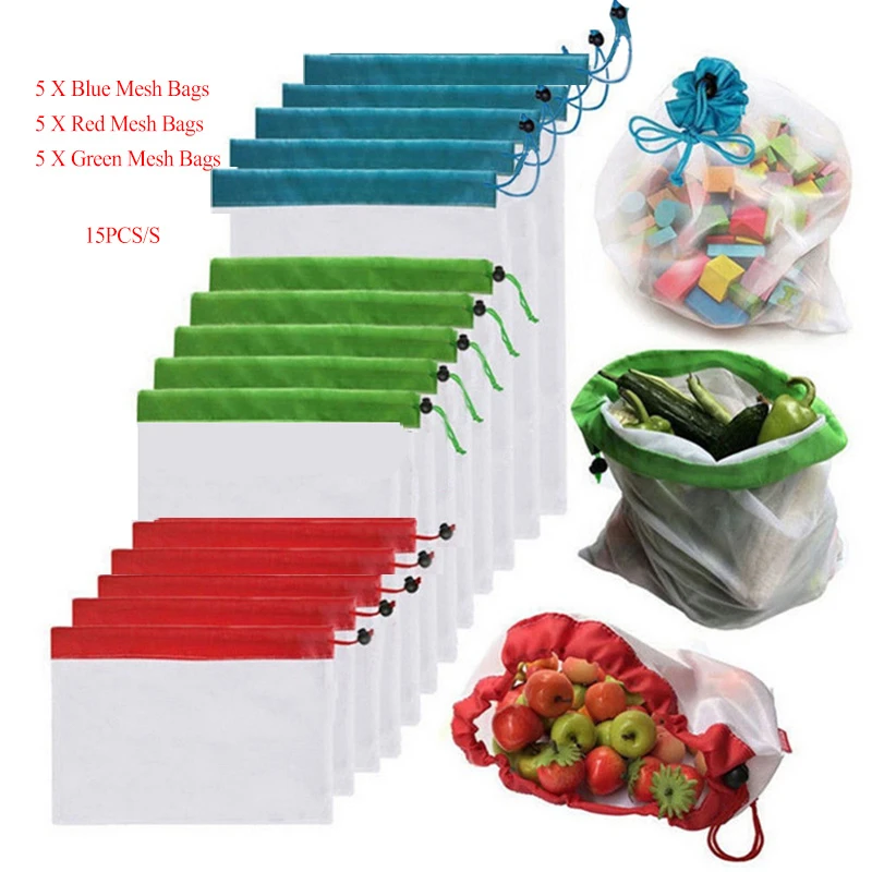 

15 Pack Reusable Mesh Produce Bags Washable Eco Friendly Lightweight Bags for Grocery Shopping Storage Fruit Vegetable Net Bag