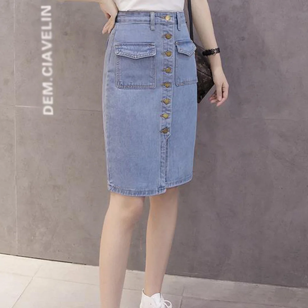

2021 New Spring Summer Women Vintage Denim Skirts Korean Style High Waist Buttons Pocket Straight Short Jeans Skirts Office Lady