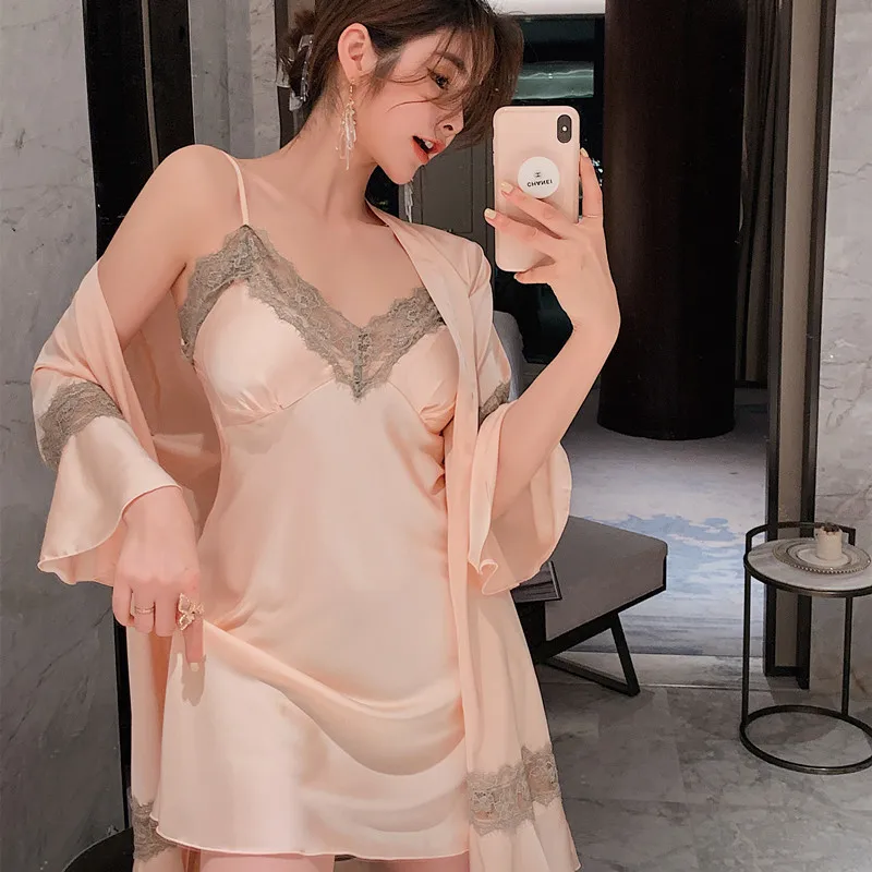 

Summer 2PCS Sleepwear Satin Women Robe Set With Suspender Nightdress Sexy Nightwear Kimono Bathrobe Gown V-Neck Nightgown