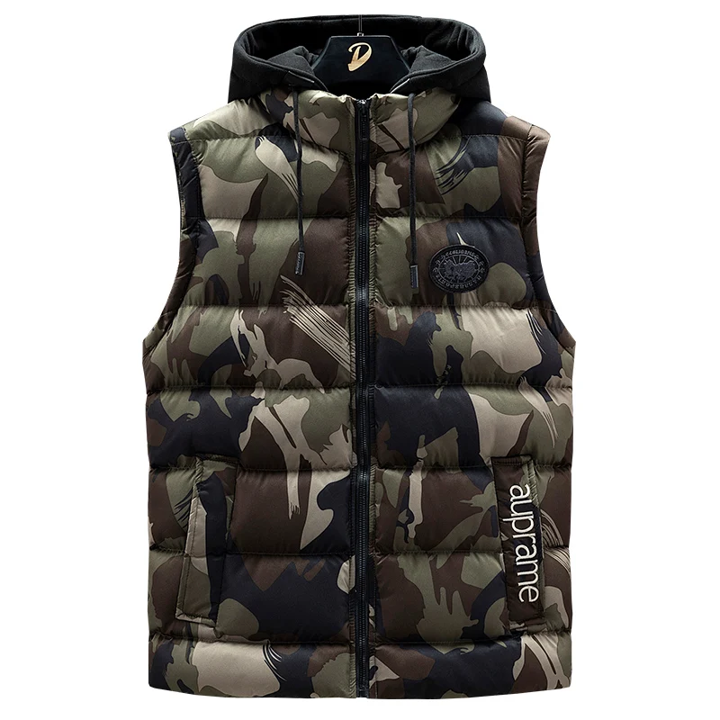 

2021 New Fashion Camouflage Men's Winter Warm Vest 7XL Large Size Hooded Sleeveless Jacket Slim Fit Gilet Coat Male Thermal Vest