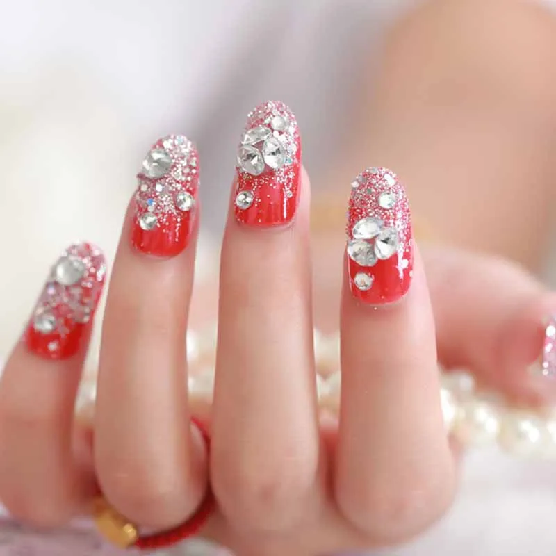 Свадебные блестящие стразы накладные ногти красного цвета 3D для свадебной
