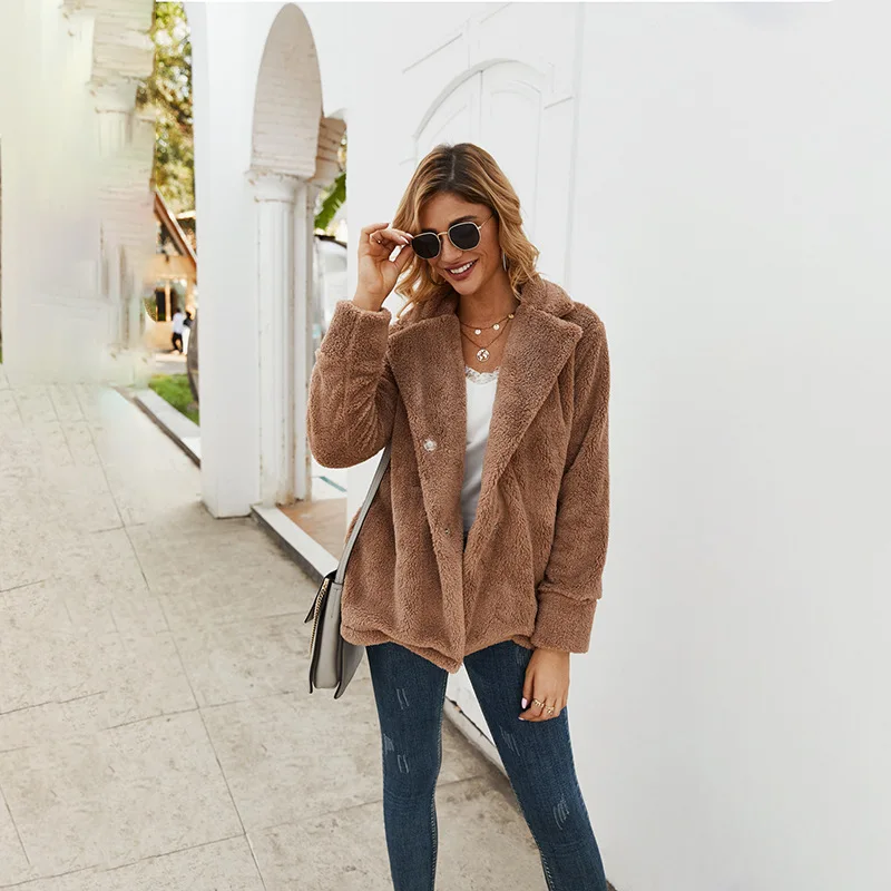 Женское зимнее пальто с отложным воротником толстое плюшевое теплое длинными