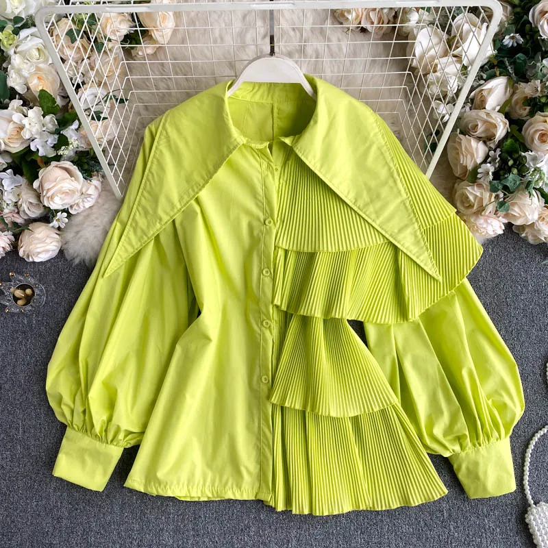Mulheres Coreano Doces Cores Camisa Fritos Rua Outono Camisas Irregular Puff Manga Plissado Topo Feminino Blusa Pl461