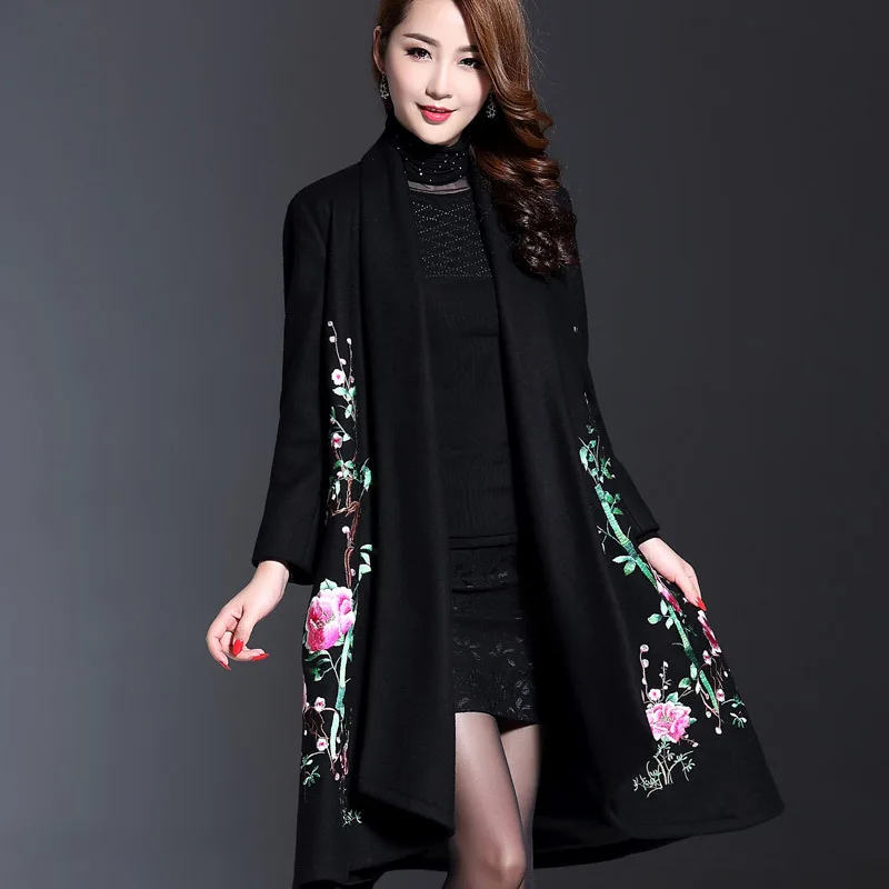 

Wool Autumn Winter Cardigan Jacket Women Warm Thick Wool & Blends Coat Female Luxurious Embroidery Long Sleeve Wool Coat
