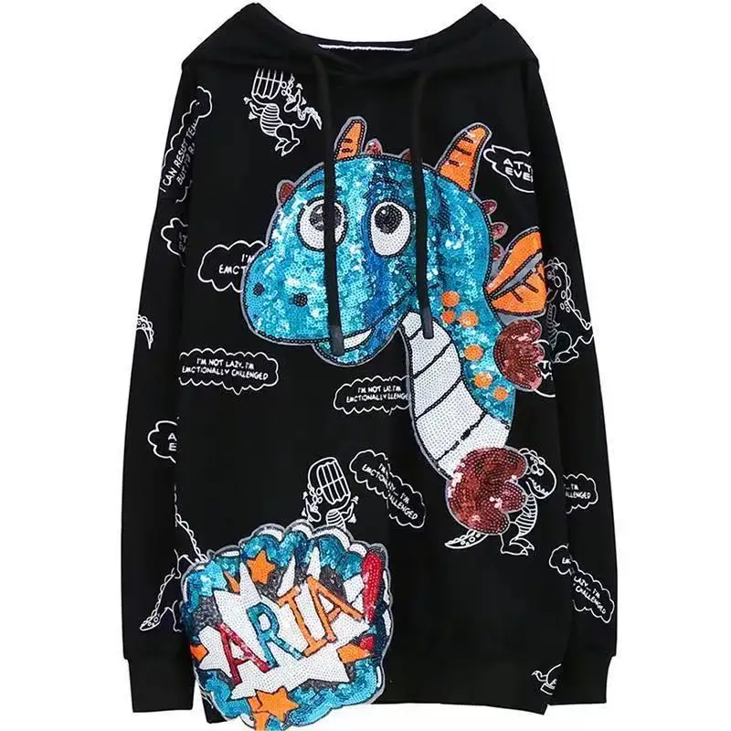 

2021 Блестящий пуловер с нашивками и блестками, Женская Толстовка Оверсайз с принтом, с Боковым Разрезом, свободная повседневная Уличная одеж...