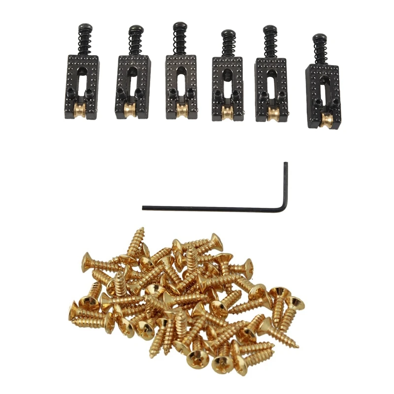 

50Pcs Guitar Bass Screws Parts for Scratchplates Pickguard, Gold & 6Pcs Roller Bridge Tremolo Saddles with Wrench Black