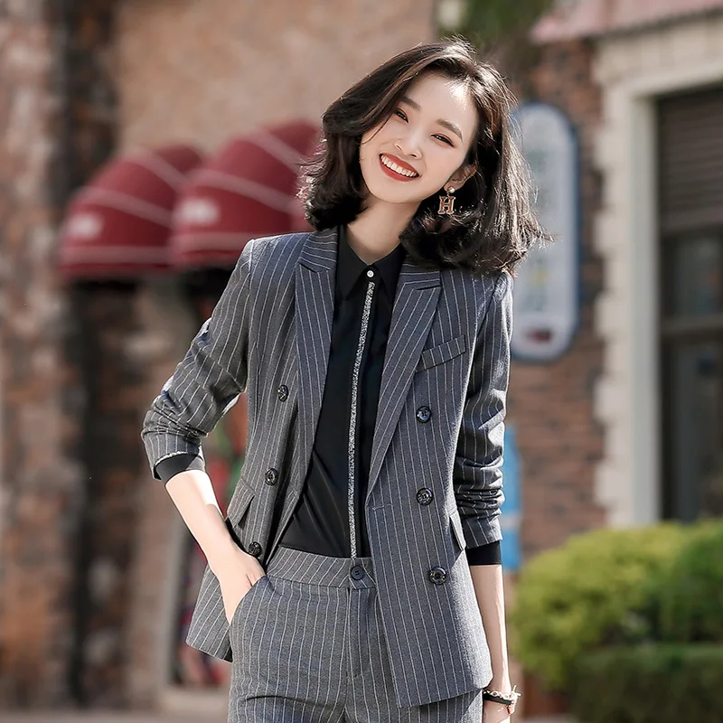 Women's Suit with A Skirt Office Uniform Design Women Blazer and Skirt Set Striped 2 Pieces Double Breasted Blazer Skirt Suit