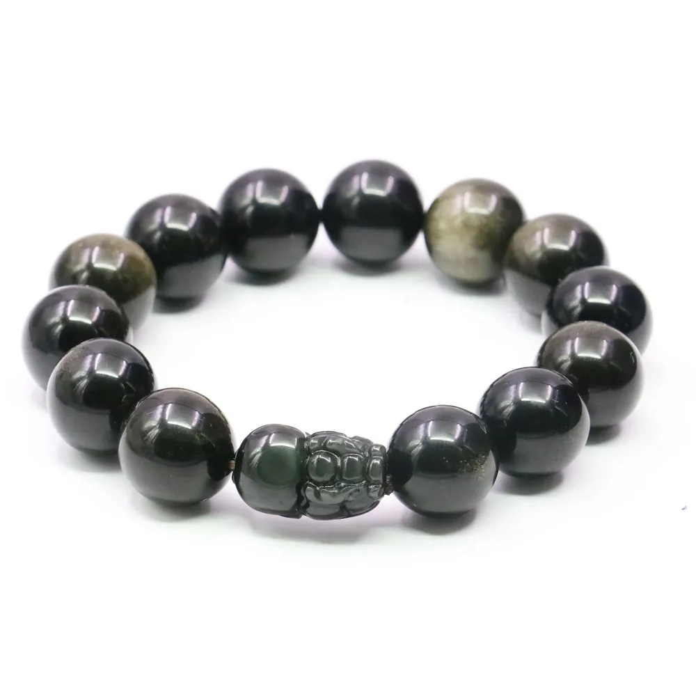 Браслет с натуральным круглым золотым песком обсидианом ювелирное украшение