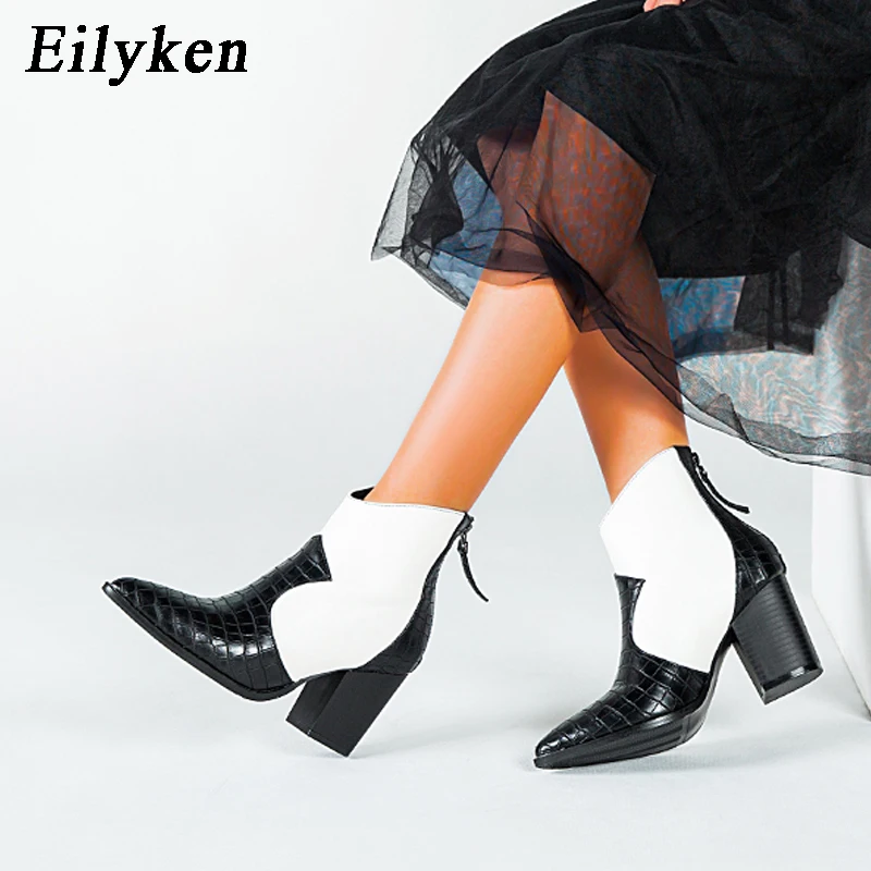 Eilyken/зимние ботинки модная обувь из искусственной кожи на высоком каблуке с острым носком женские разноцветные ботинки на молнии и квадратном каблуке размеры 36-43
