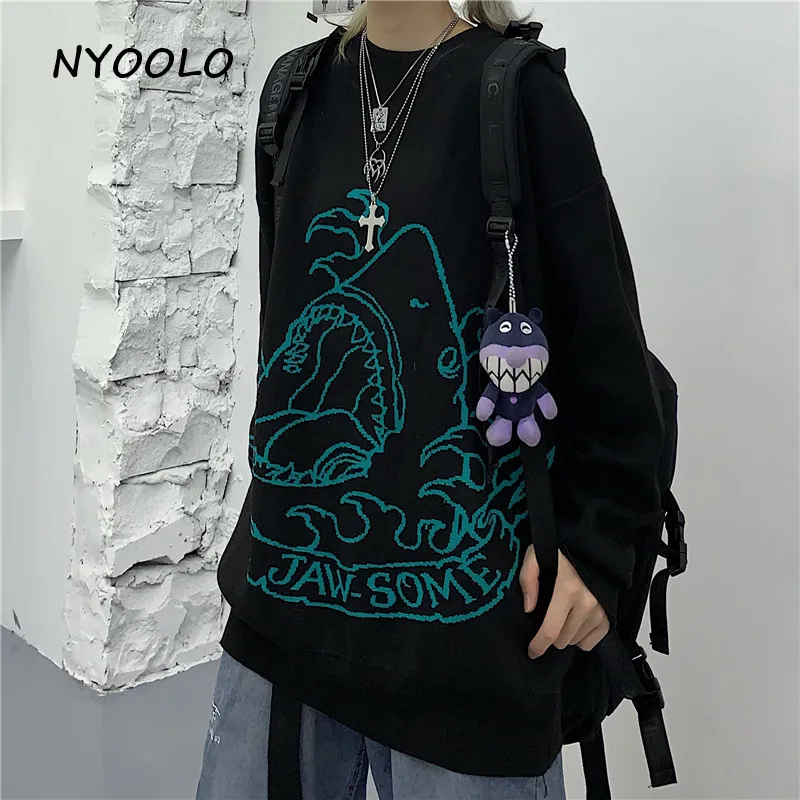 NYOOLO/Винтажные уличные плотные теплые свитера с рисунком акулы; осенне-зимние пуловеры с круглым вырезом; вязаные свитеры женские топы