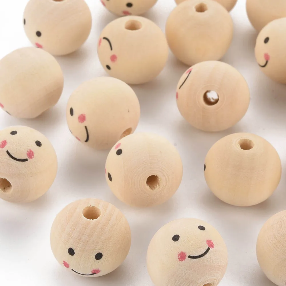 

pandahall 20pcs Smiling Face Natural Wood Beads Smiley Loose Round Wooden Balls Spacer Beads Handmade for Jewelry Making DIY