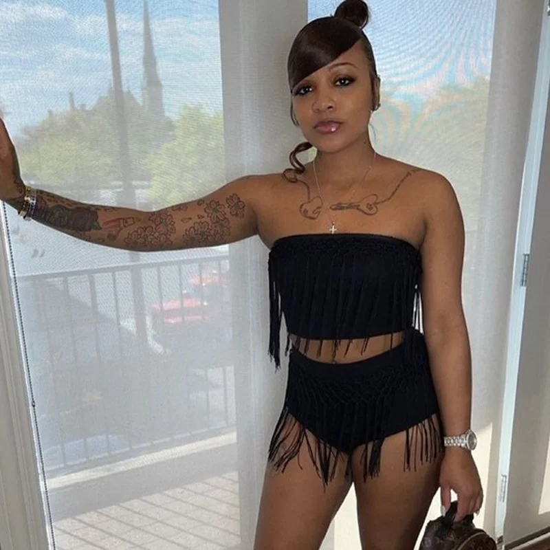 

Tassel 2 Piece Beach Outfits Summer Clothes for Women Bodycon Two Piece Set Cute Crop Tops and Shorts Set Beachwear Shorts Set