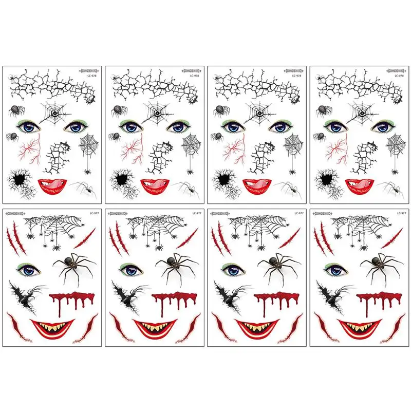 8 листов креативные наклейки на лицо Хэллоуин страшные Временные татуировки для