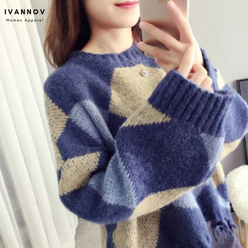 2019 женские свитера с длинным рукавом и геометрическим принтом свитер круглым