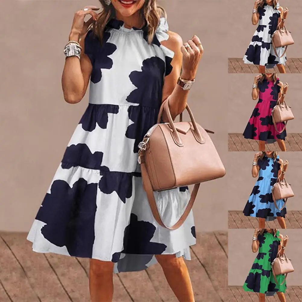 

Women Summer Midi Dress Chic Print Doll Collar Large Hem Sleeveless Dress Sundress Ladies Beach Dress Elegant Vintage