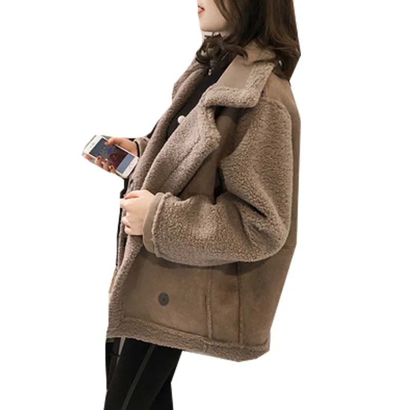 

2021 New Women's Autumn Jacket Winter Warm Coat Large Lapel Lamb Wool Loose Oversize Fur Suede Motorcycle Jackets For Lady