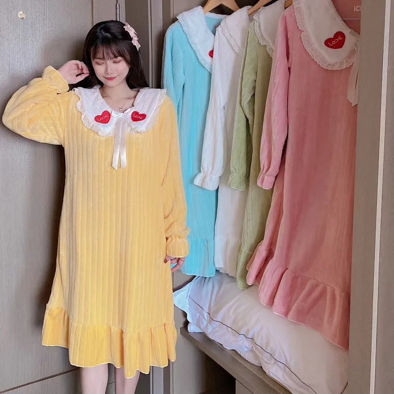 

Fdfklak Cute Sweet Flannel Thicken Night Dress Women New Coral Fleece Winter Nightgowns Female Large Size Velvet Warm Sleepwear