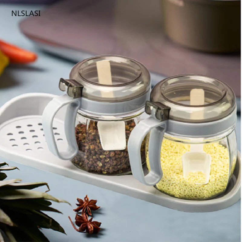 

Simplicity Transparent Glass Spice Jar Set Home Kitchen Restaurant Sugar Storage Box Spices Sesame Oil Box with Plastic Cover