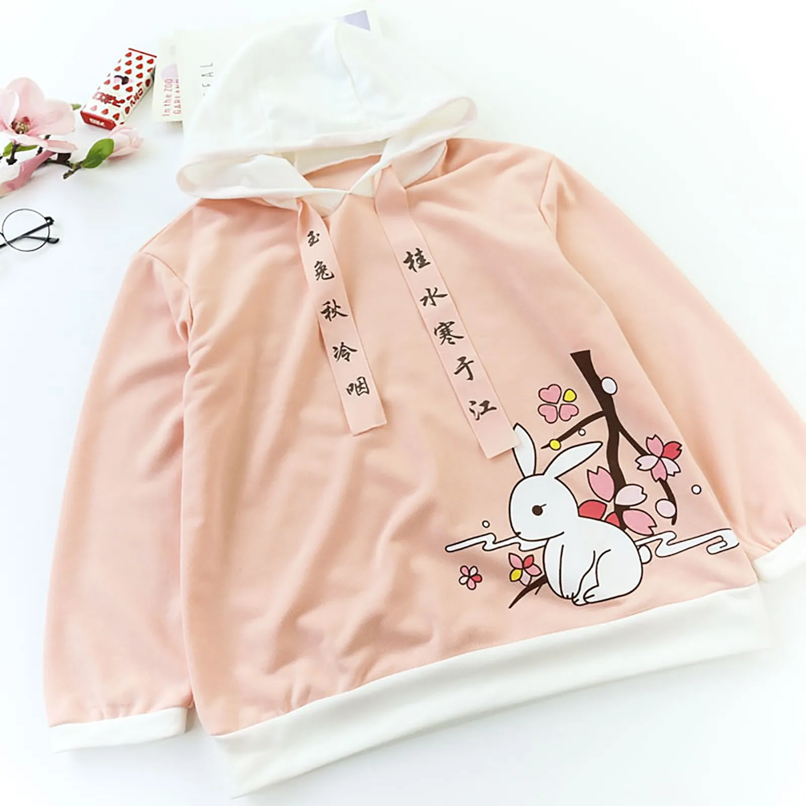 

Hoodies Women Sweatshirts 2021 Ladies Lovely Jade Rabbit Print Loose Ribbon Hoodie Long Sleeve Hoodie Tops