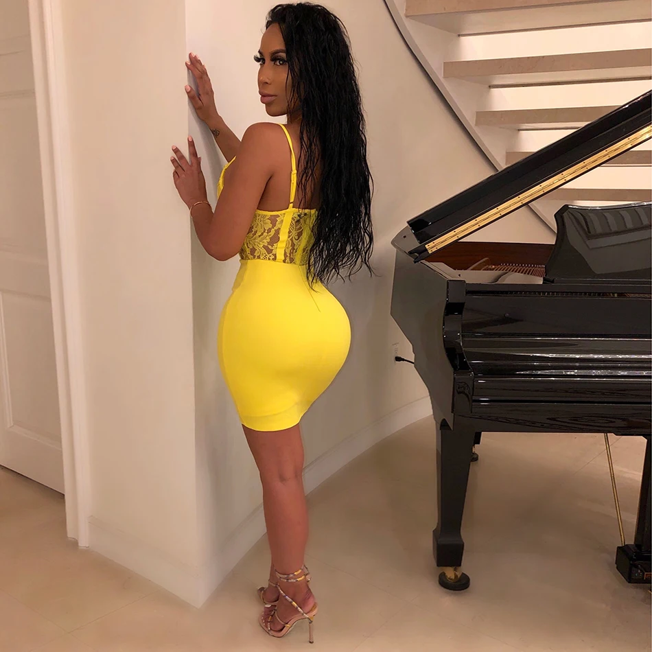 Летнее Сексуальное желтое кружевное женское Бандажное платье 2021 как у