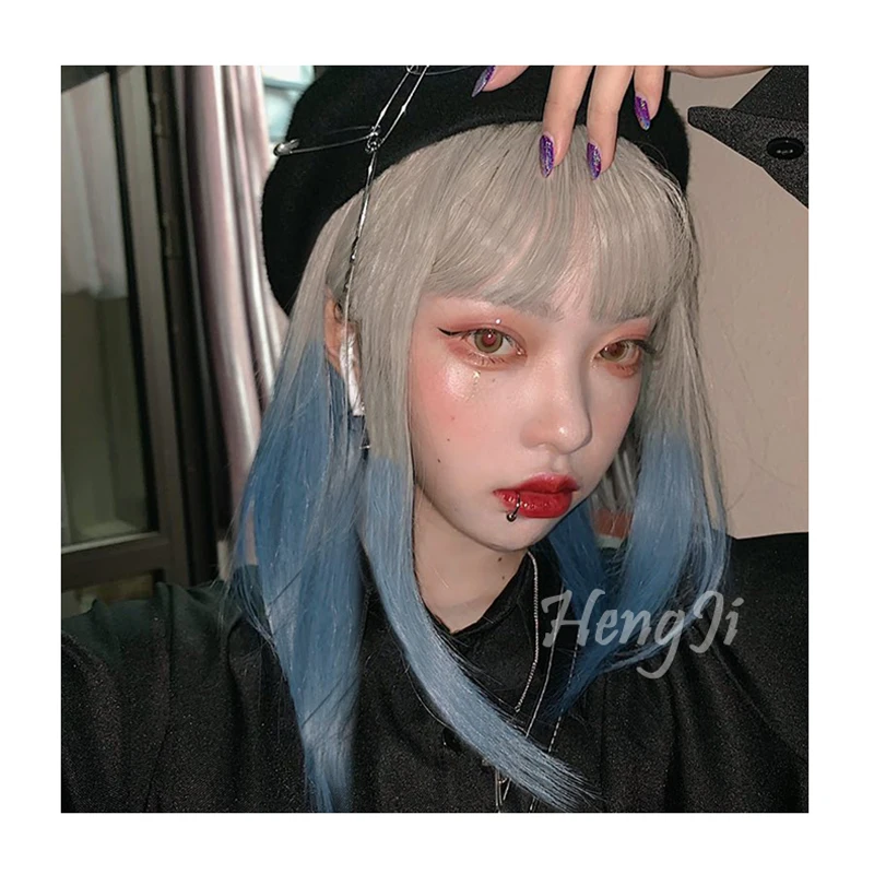Харадзюку градиент бежевый серый синий Лолита парик косплей челка прямой