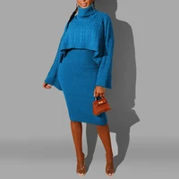 2pcs sexy women solid color long sleeve turtle neck pullover sweater vest dress top flare sleeve sweater dress women jumper suit