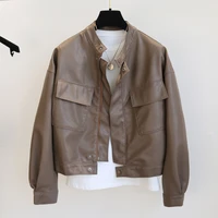 new spring autumn women pu jacket fashion o neck zipper pockets faux leather jacket lady loose solid color short coat