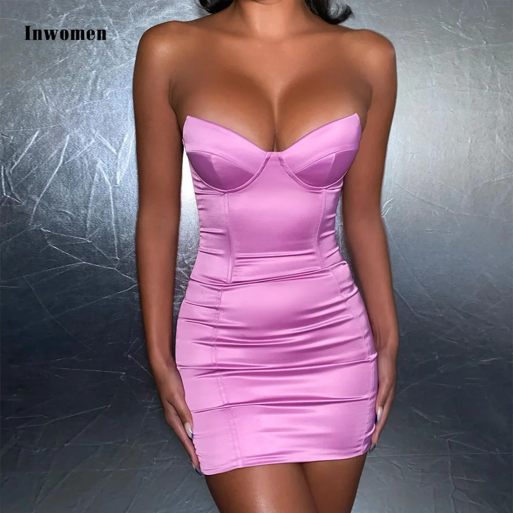 

Inwomen Satin Strapless Bodycon Mini Dress Women Sexy V-neck Backless Night Club Party Dresses Summer Elegant Dress Vestidos