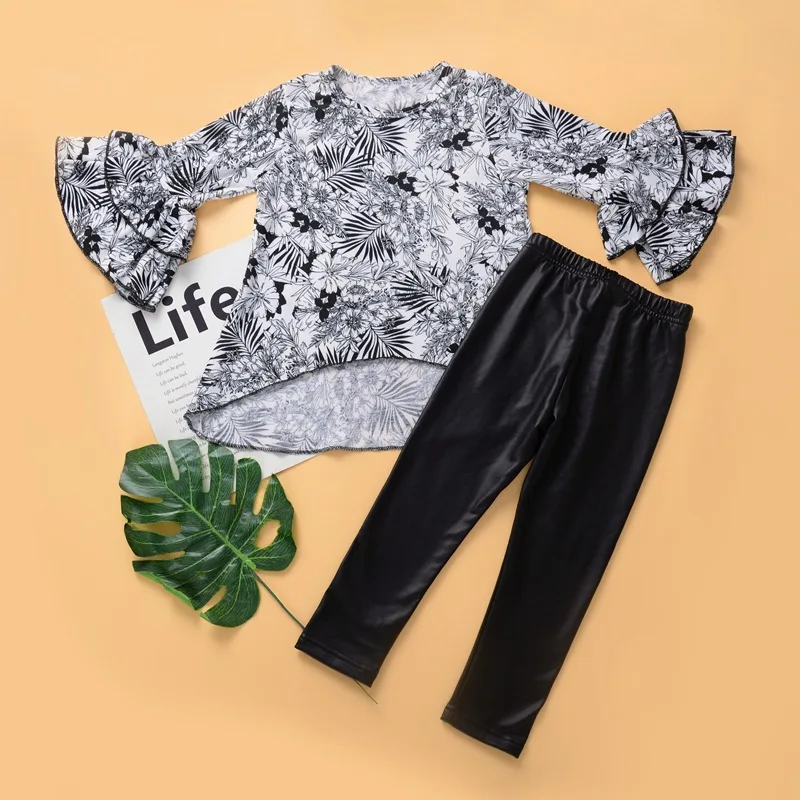 

Сезон весна-осень длинные брюки со штанинами с широким клешем, блузы с цветочным рисунком и рюшами для маленьких детей; Однотонные длинные ш...