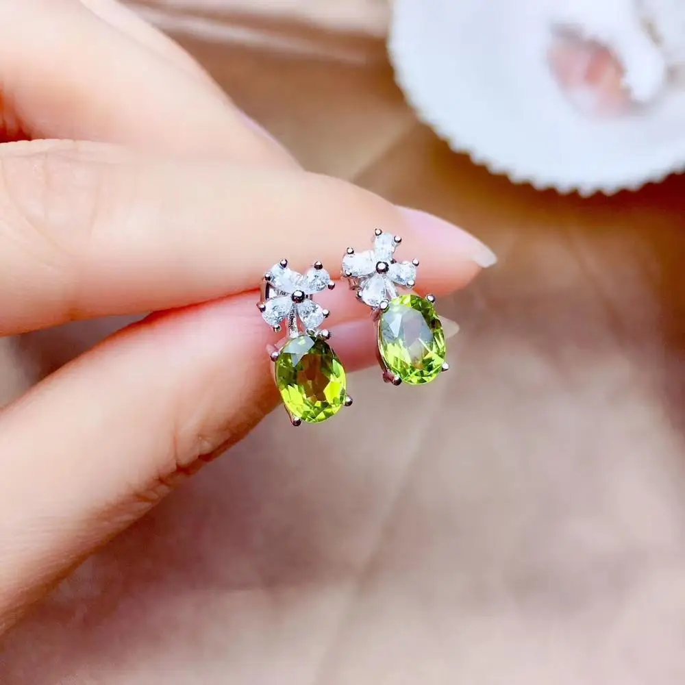 

natural olivine drop earrings 925 silver Natural peridot gemstone earring fashion Clover round for woman party gift jewelry
