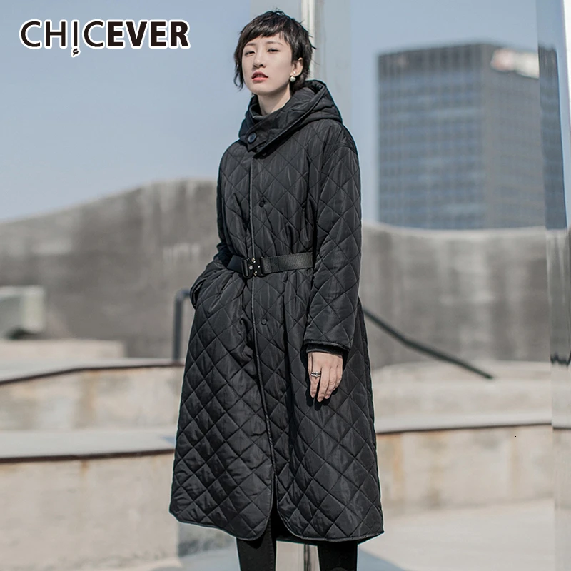 CHICEVER Черное женское хлопковое пальто в клетку с капюшоном длинным рукавом