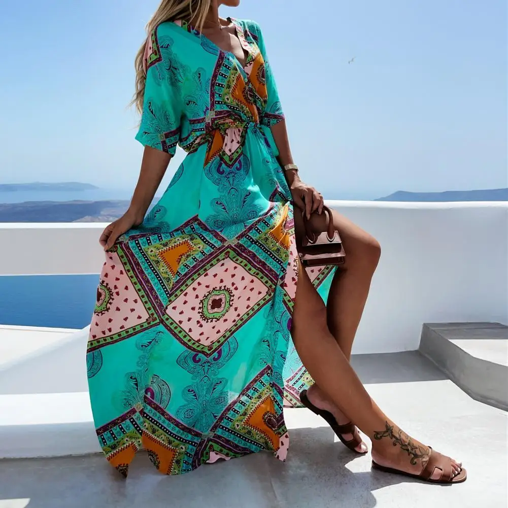 

Платье женское с высоким разрезом, модный сарафан в стиле бохо, с принтом, с V-образным вырезом, пляжная одежда, вечернее праздвечерние чное д...