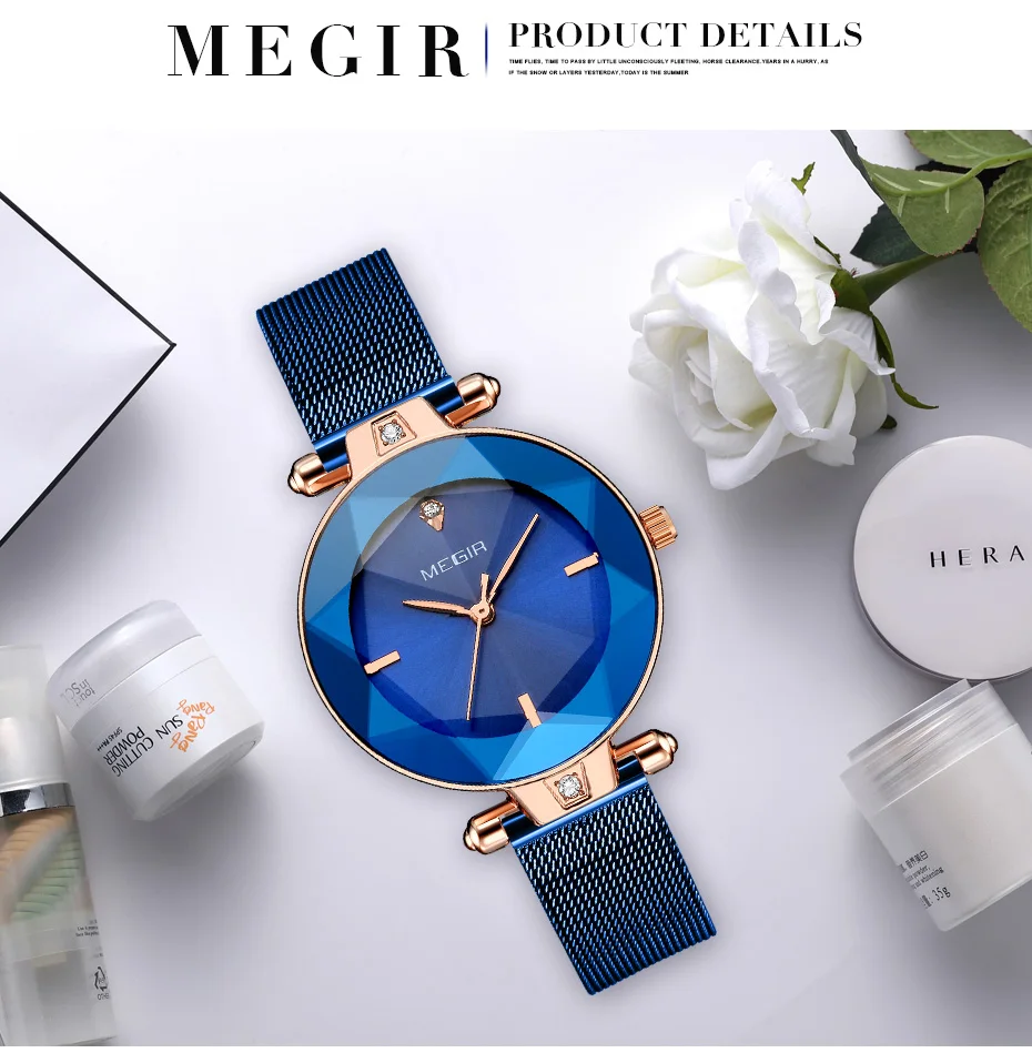MEGIR роскошные женские часы Reloj Mujer синие сетчатые часы из нержавеющей стали элегантные женские часы-браслет женские часы