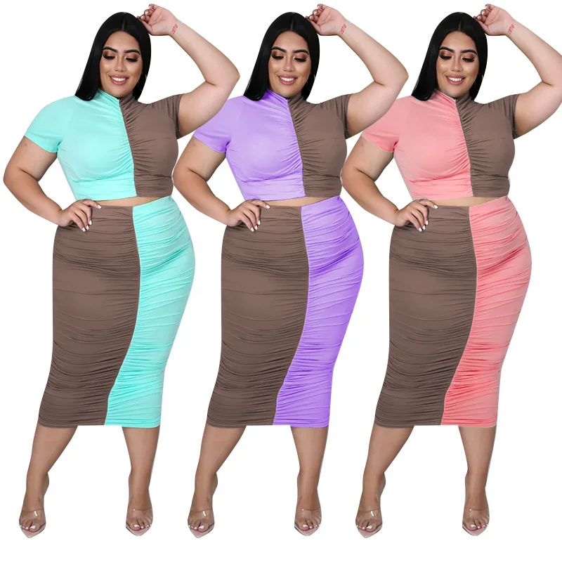 

Plus Size Women Clothing 5xl Two Piece Set Skirts Suits Patchwork Crop Top and Maxi Skirt Casual Outfits Wholesale Dropshipping