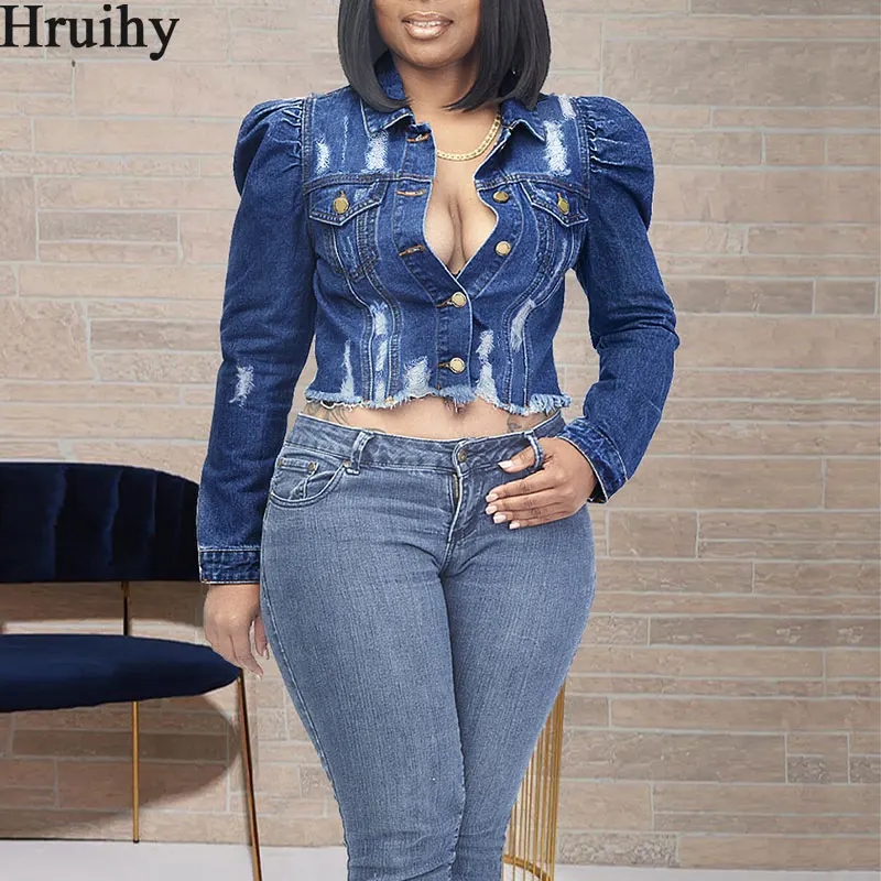 

Fashion New Arrival Jacket Jeans Women Elegant Long Sleeve Denim Short Outfit Coat Hole Casual Button Plus Size Denim Jacket