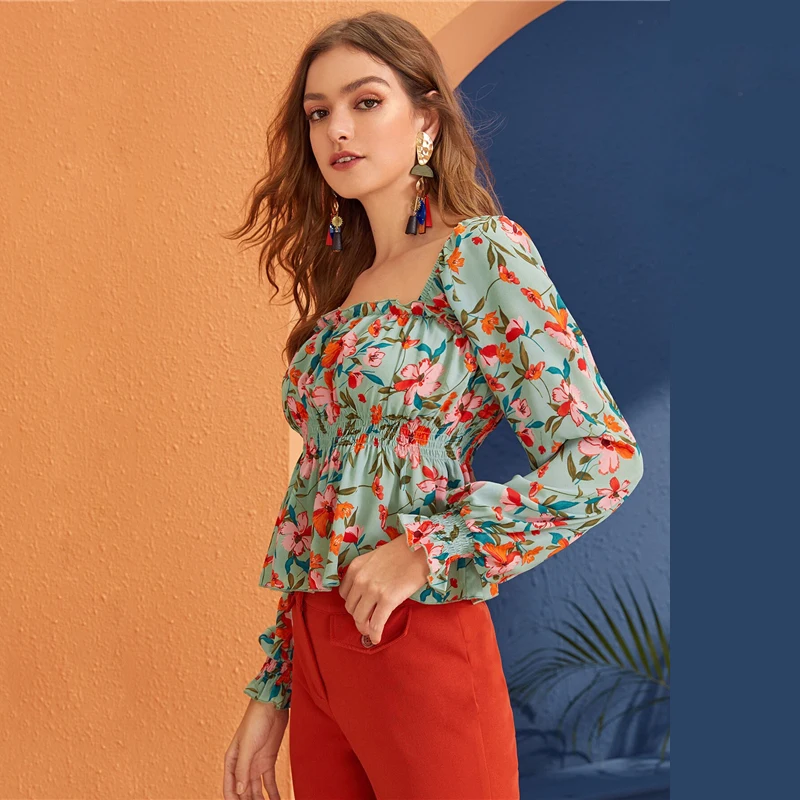 Dotfashion Бохо с квадратным вырезом Цветочный принт блузка Для женщин Осенняя эластическая Фонари рукава блузки Повседневное с низким вырезом на спине, Топ