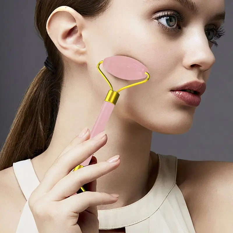 Натуральный нефритовый роликовый массажер для лица розовый с двойной головкой