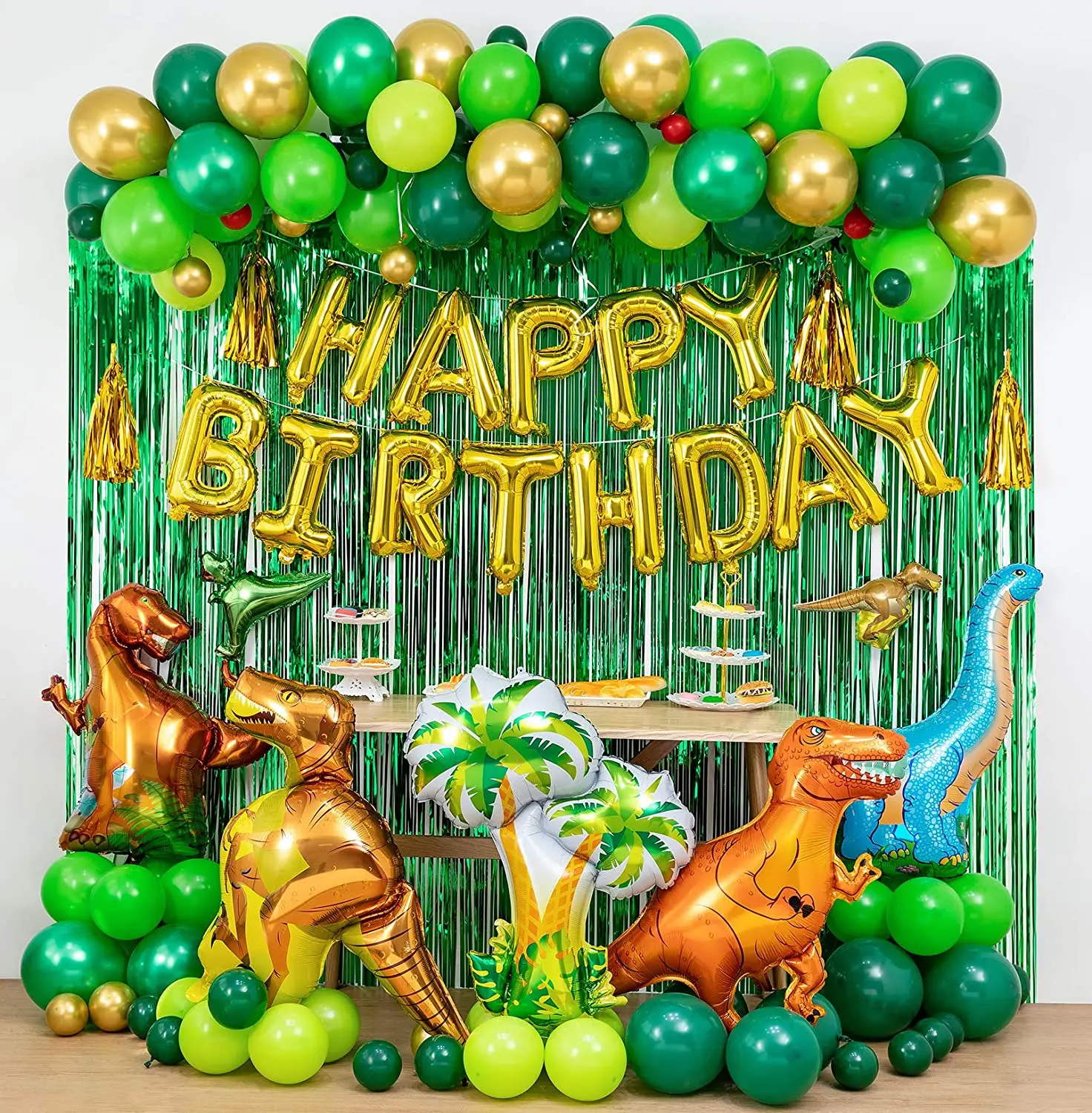 Dinosaurio decoraciones para fiesta de cumplea&ntilde;os arco de globos set de guirnaldas globos de feliz cumplea&ntilde;os cortinas para Dino de chico ducha fiesta-0