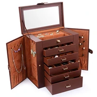 jewelry box organizer functional huge lockable leather jewelry storage case for women girls organizer with mirror brown