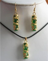 unique dragon inlay green cylinder natural jadeite pendant earrings sets