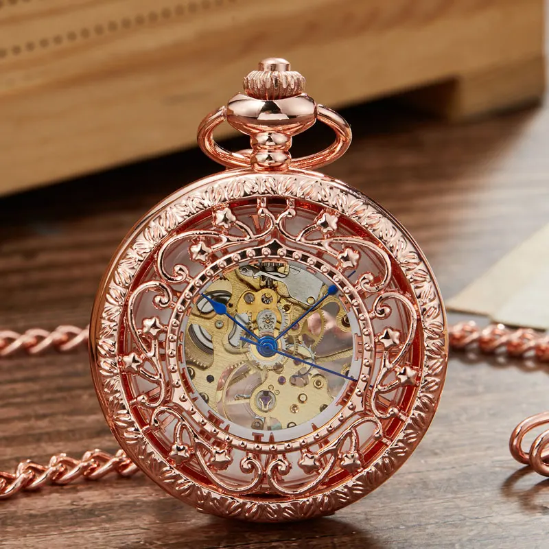 Rose gold Антикварные Золотые механические карманные часы с цепочкой в стиле стимпанк, полый Скелет с ручным подзаводом, Подвесные часы для мужчин и женщин, Золотой Бронзовый подарок - Цвет: Rose gold
