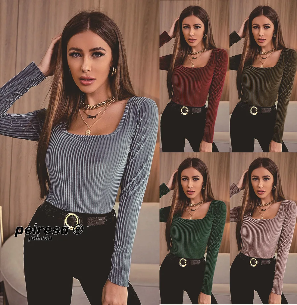 

Peiresa-Women Clothes Square Collar Solid Screw Thread Tops Bottoming Shirt Clothes Women Spring/Autumn 2021 Take Normal Size