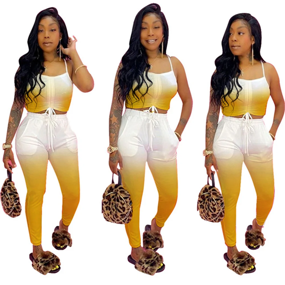 

RStylish Gradient Color Women 2 Piece Set 2021 Summer Spaghetti Strap Crop Tops Leggings Jogger Sweatpants Suit Tracksuit Outfit
