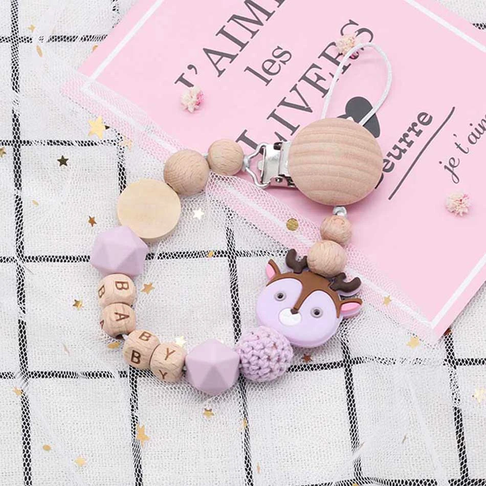 Лиловый Personalize Name Baby Pacifier Clips Deer Head Soother Chain Infant Dummy Clips Baby Silicone Pacifier Holder Chain BPA Free - Цвет: Лиловый
