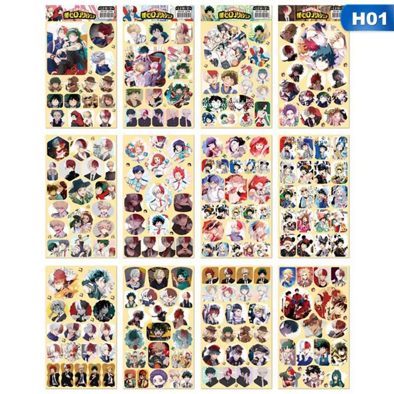 

12Sheets My Hero Academia Stickers Toy All Figures HD Fashion DIY Self Adhesive Hand Tear Paper Sticker Toys