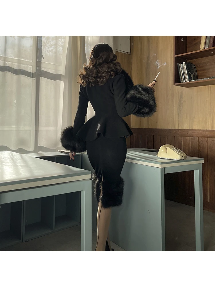 Le Palais Vintage 2021 Original Spring New Black Luxury Big Fur Collect Waist Coat Pencil Skirt Fashion Casual 2 Piece Set Women